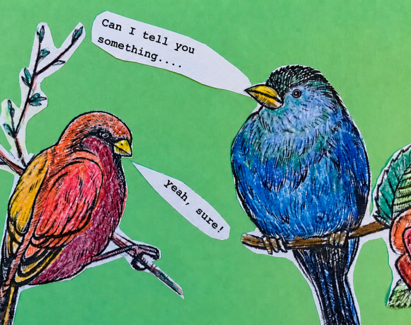Children’s artwork of two colourful birds